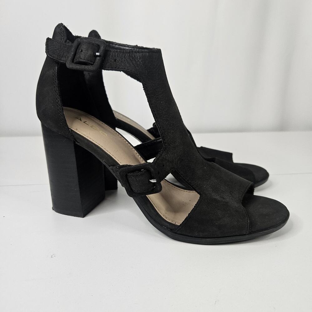 Aldo Black Suede Block Heels Size 8.5 Meygan-93 Buckle Sandal Peep Toe